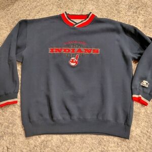 STARTER Navy and Red Cleveland Indians Crewneck Sweater